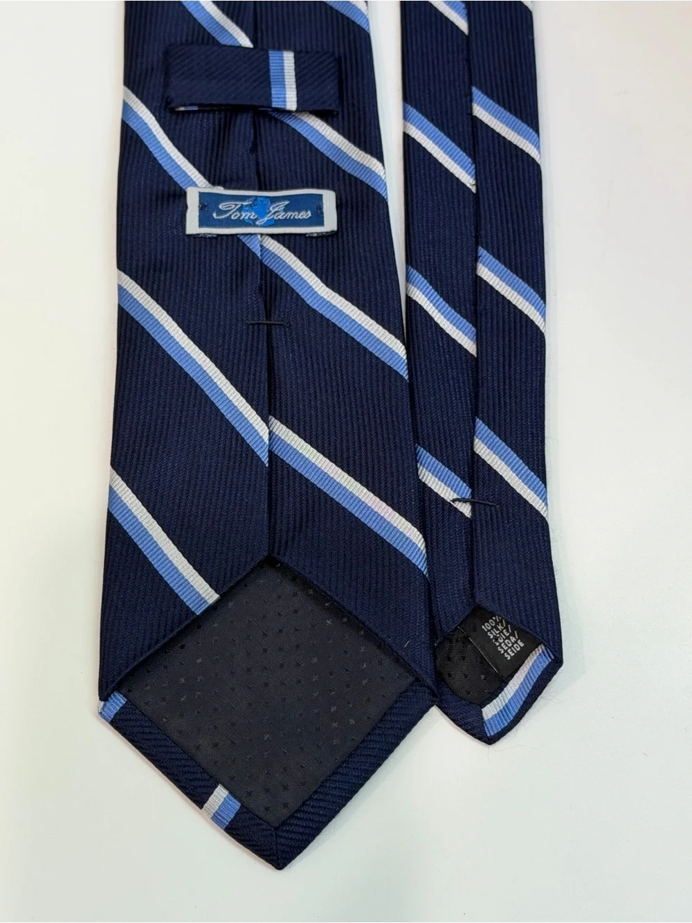 Tom James Navy Blue Stripe Silk Tie Designer Necktie Classic Business Luxury Men
